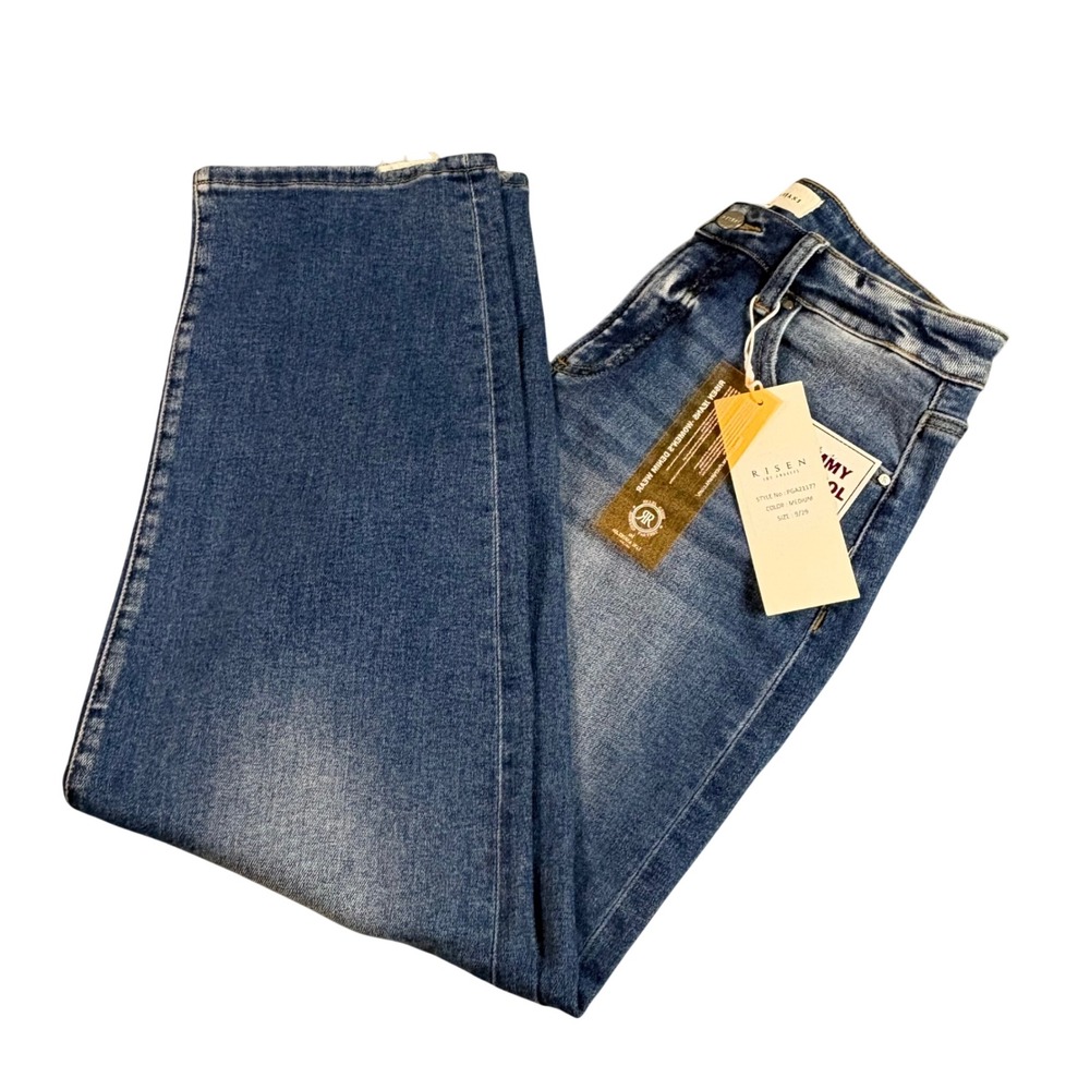 Risen Jeans High Rise Wide Leg Tummy Control Distressed Hem Medium Wash 9/29